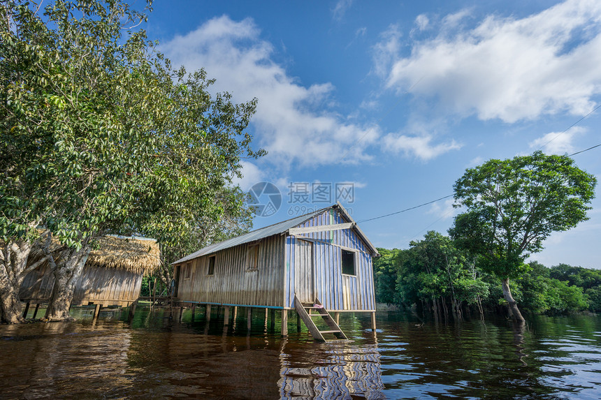 巴西亚马逊雨林建造的木屋在黑河上的图片