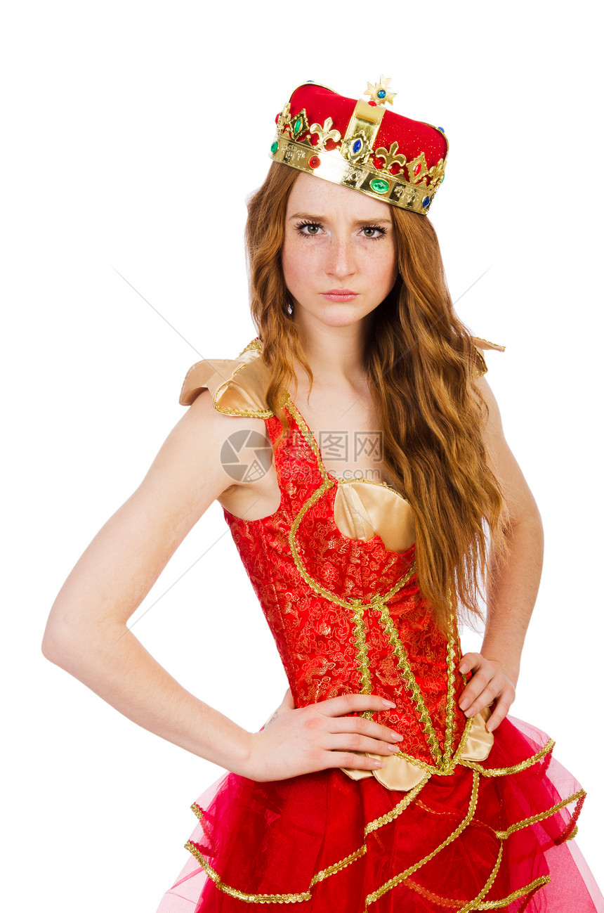 公主戴着皇冠和红色的裙子被白色隔离图片