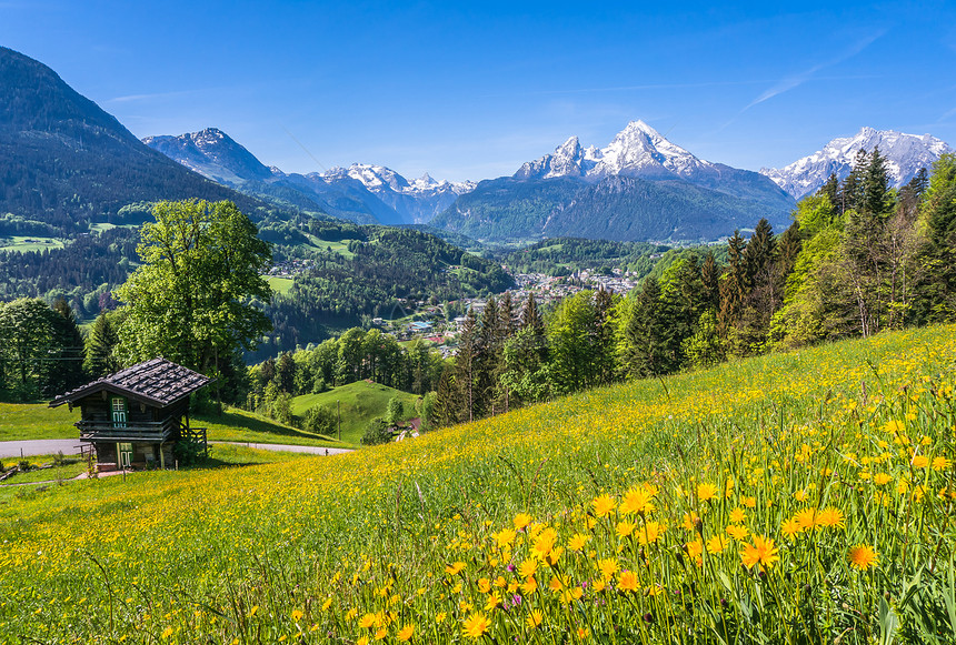 对阿尔卑斯山脉大地景观的全景观视图片