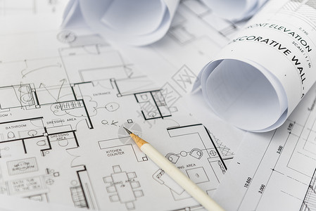 建筑图的建筑设计用白铅笔和蓝图图片