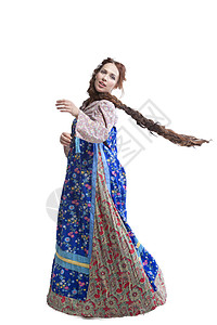 女在俄罗斯民间服装中跳舞的美丽肖像白图片