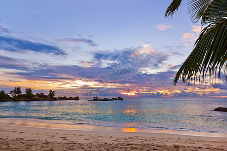 日落时塞舌尔热带海滩图片