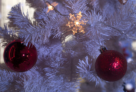 真实树上的球形圣诞装饰图片