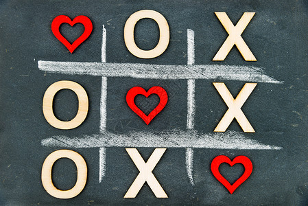 老式黑板与井字游戏比赛XOWin由木字母和红心创建图片