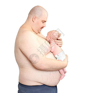 超重的父亲和他的小宝在白色背景生活图片