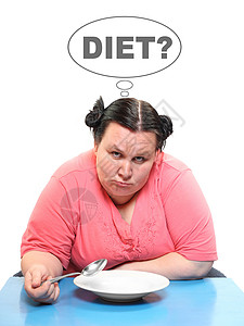 饥饿的胖女人空着盘子关于饮食主图片