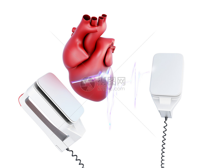 释放去纤颤器和在白色背景中隔离的心脏3图片