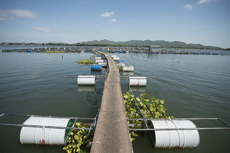 中泰国东南亚Kanchanaburi市附近夸伊河的渔场图片