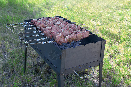 多汁的猪肉串在烤肉串上在烤架上用煤烤图片