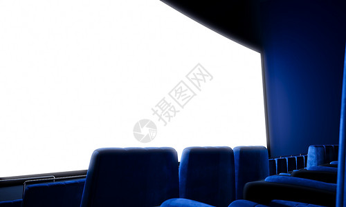 以蓝色座位关闭空白的电影屏幕准备添加您的广告info图片