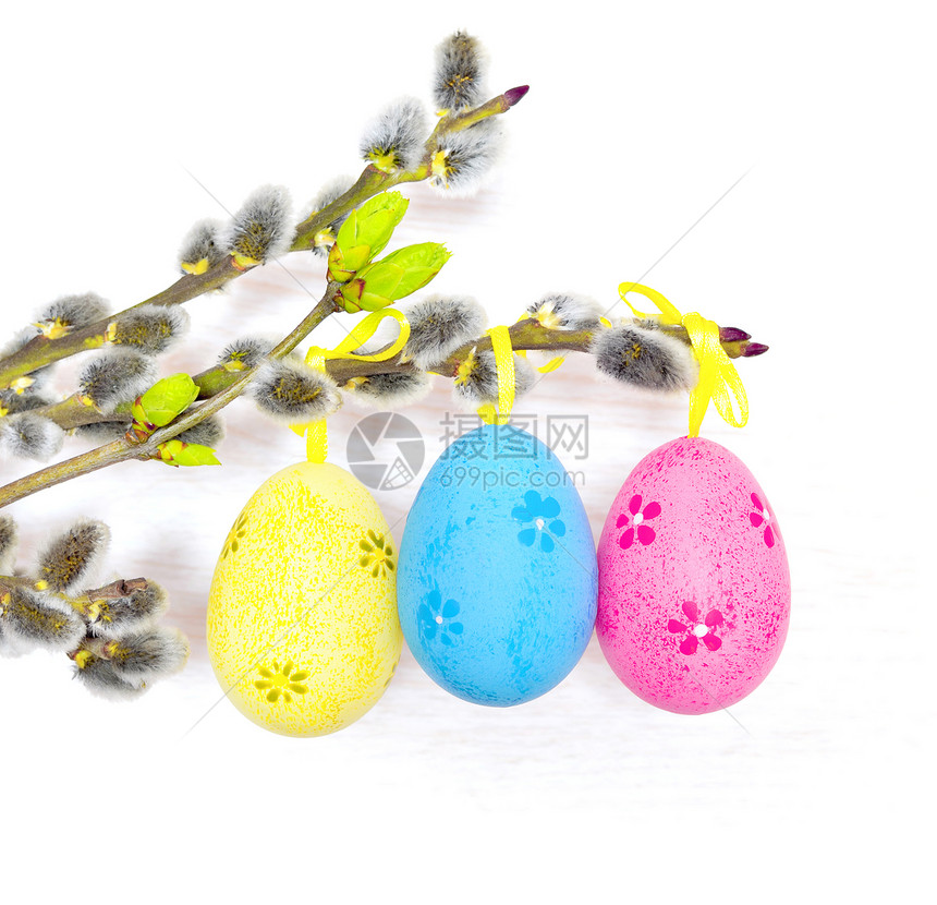 复活节彩蛋挂在丝带和白色背景的褪色柳上图片