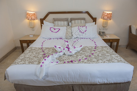 在酒店新娘套房的玫瑰花瓣里带着爱心双图片
