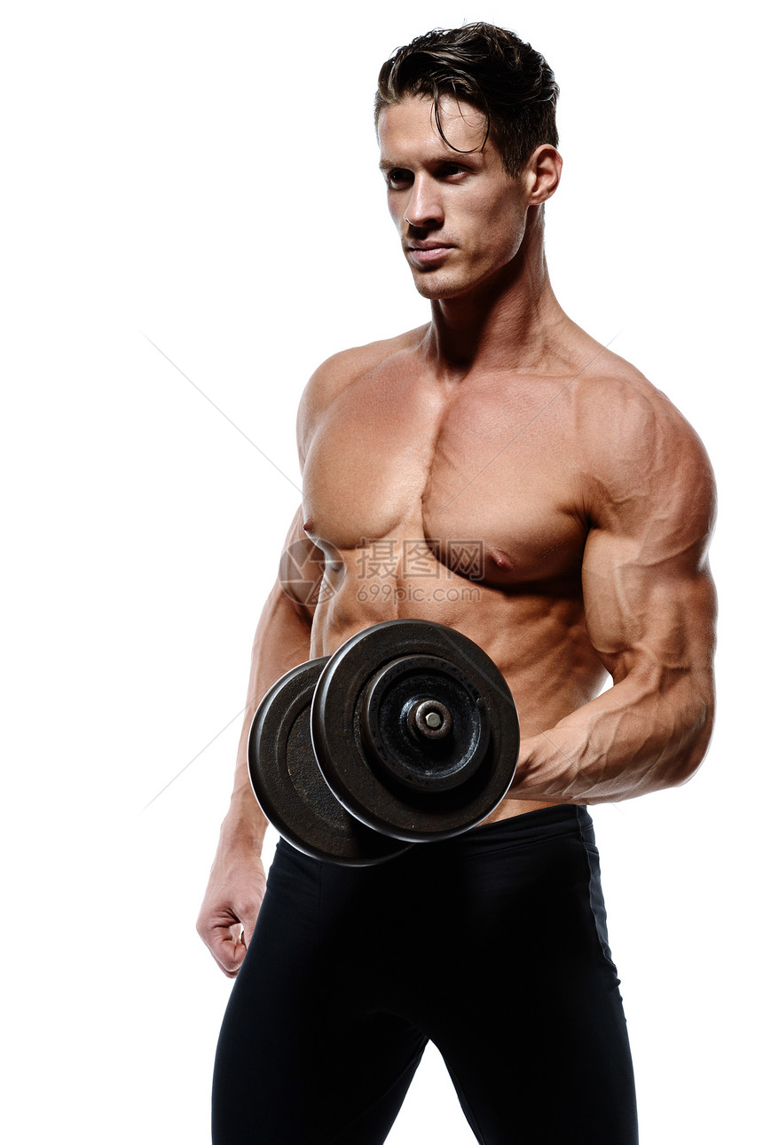 肌肉健壮体做运动的家伙用哑铃孤图片