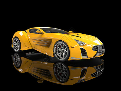 黑色反光背景上的黄色概念超级跑车图片