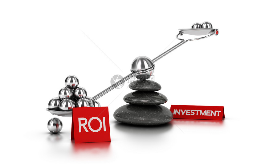 白色背景上有三个黑色石块的锯木上的金属球用于说明ROI或投资的金融图片