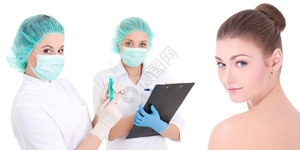 整形手术概念带注射器的医生护士和白背景隔图片
