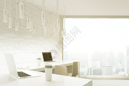 用砖墙白色桌面和全景窗口设计工作室3D图片