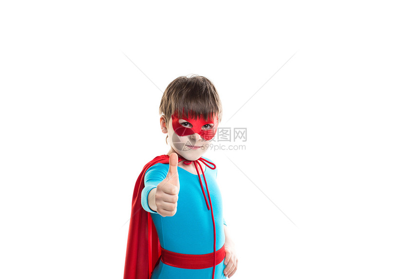 年轻男孩超级英雄给你一个拇图片