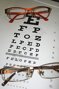 浅色背景上的两副眼镜和视力表特写图片