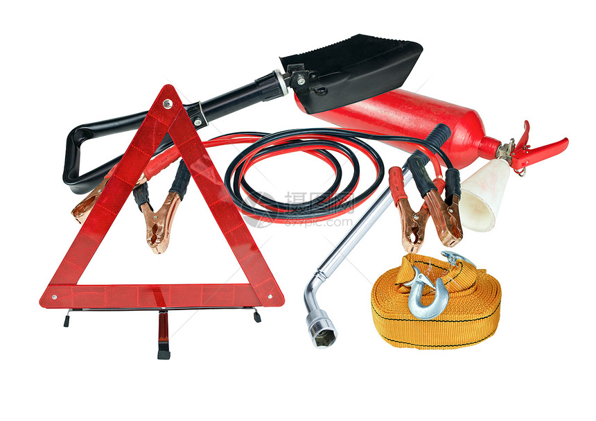 危险安全警告三角标志拖绳灭器跳跃电缆轮式扳手和铲子等装置图片
