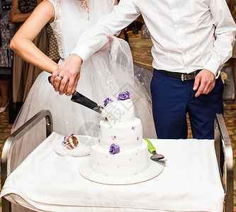 新娘和新郎正在切结婚蛋糕图片