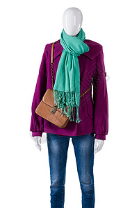 绿松石围巾搭配紫色外套戴着明亮围巾的女女孩的时尚秋季服装温暖的衣服图片