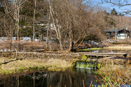 日本的冬天湖和房子图片