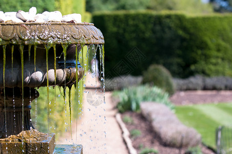 从花园喷泉溅起的清凉水的特写图片