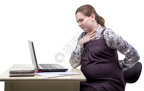 孕妇和打嗝在办公室的白色背景图片