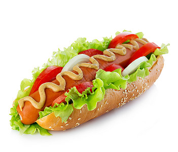 美国风格的热狗有生菜洋葱和番茄白图片