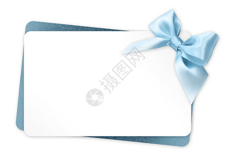 礼品卡与蓝色丝带蝴蝶结隔离在白色背景图片
