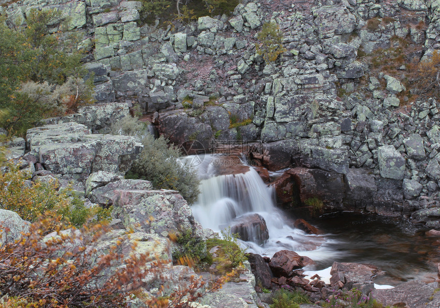在瑞典达拉尔纳Fulufjallet公园Njupekar瀑布顶端的Rapids照片拍摄时长期接触图片