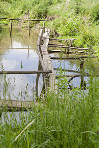 湖上长满草的古老木桥古老的乡村景观背景图片