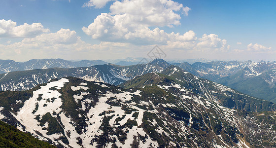 春天的青山全景与雪峰图片