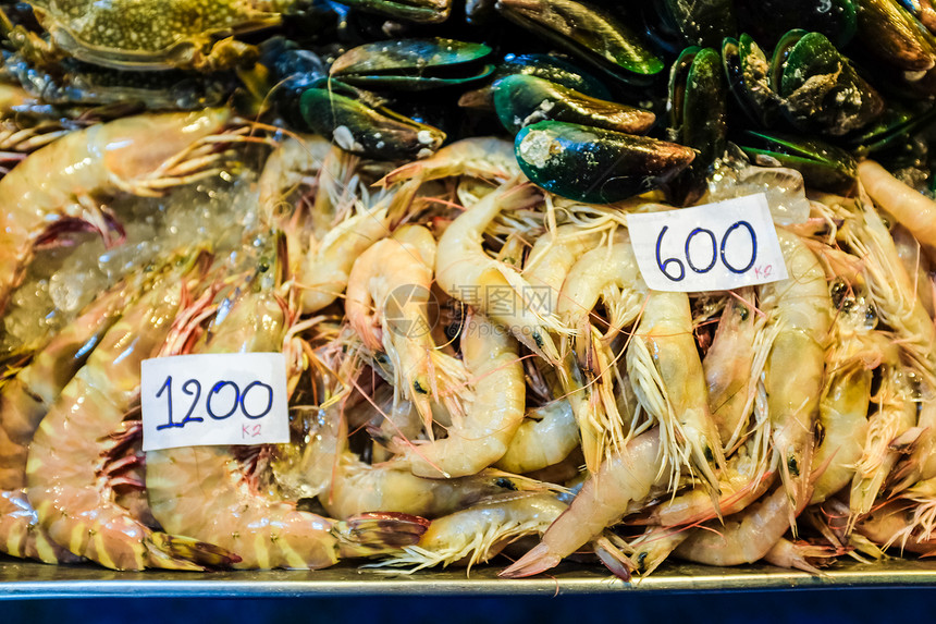 新鲜的海鲜虾壳和冰上的鱼售价在嘴唇岛图片