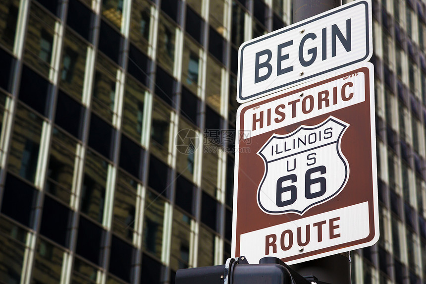 芝加哥66号公路的起点指示从芝加哥到洛杉矶穿越美国的著名历史路图片