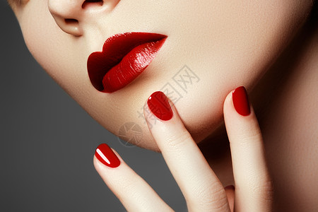美女模特有红指甲的修剪整齐的手红色的嘴唇和指甲美丽的女人背景图片