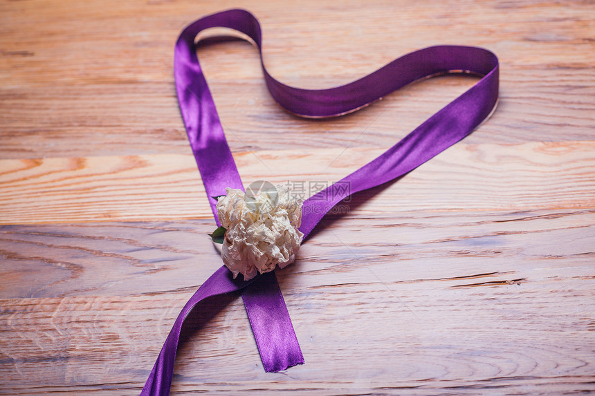 紫丝带和白牡丹花瓣装饰弓图片