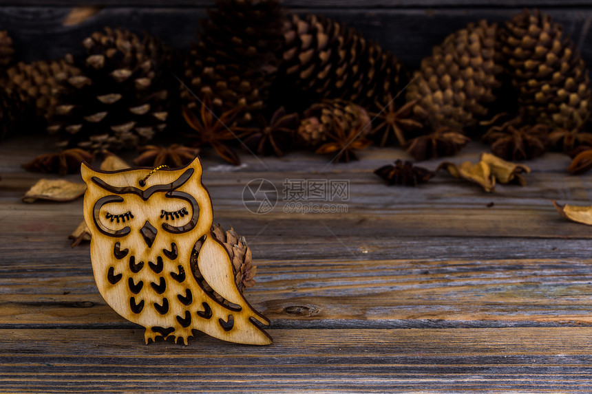 圣诞节日装饰品木制驯鹿猫头鹰和许多锥壳图片