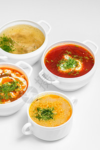 不同种类的汤餐厅热菜白边隔图片