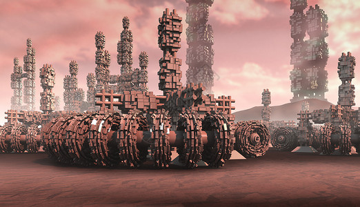 在一个干旱荒无人的星球上的幻想运输和建筑背景图片