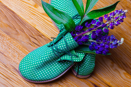 有趣的绿色鞋子里面有花木质纹理图片