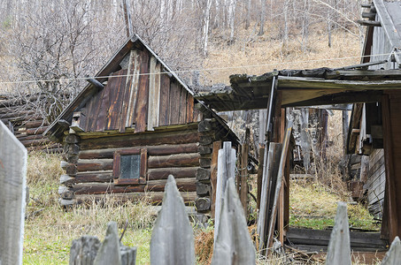 Baikal湖岸边Baikal港村庄的老旧房屋图片