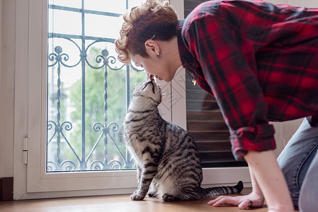 一个女人和她的欧洲猫在她家里的可爱场景房主爱图片