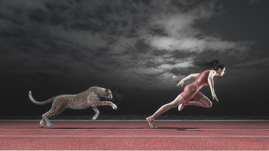 女员在夜间与猎豹在跑道上竞争女人和猎豹之间的比赛这是一个3图片