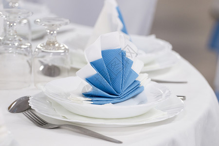 蓝色装饰的餐桌的视图图片