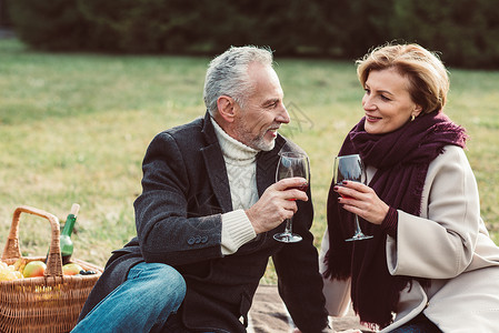 美丽笑美的成熟夫妇拿着红酒眼镜坐在秋天公园和图片