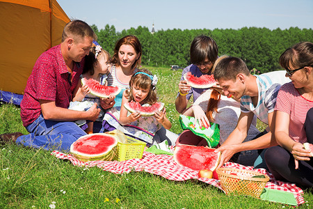 快乐的人在户外野餐和吃西瓜图片