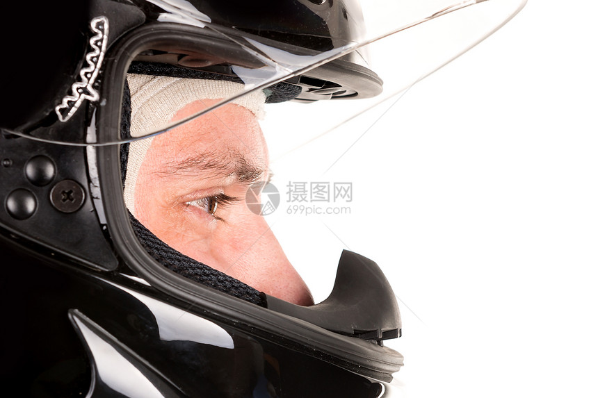 带头盔的赛车手头被白色隔离图片