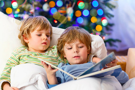 两个金发碧眼的小兄弟男孩在圣诞树附近的床上看书图片